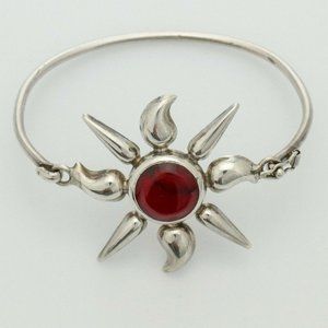 Vintage Mexican Sterling Silver Round Red Jasper Cabochon Sun Bracelet 8.5"